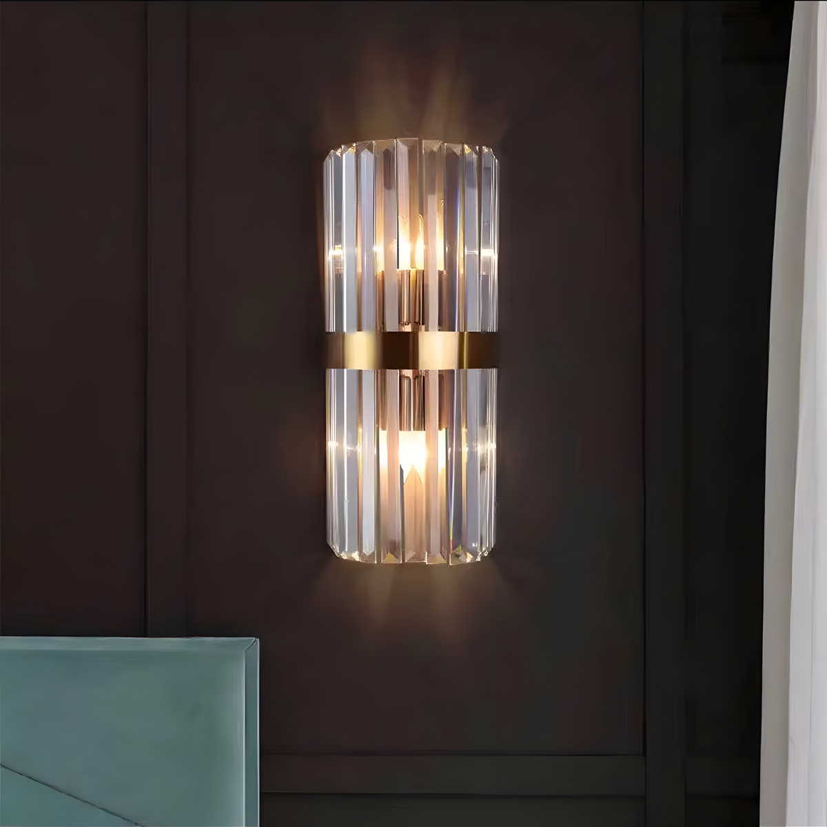 Crystal wall sconce with stainless steel frame in black and gold finish, photo 3 of 6