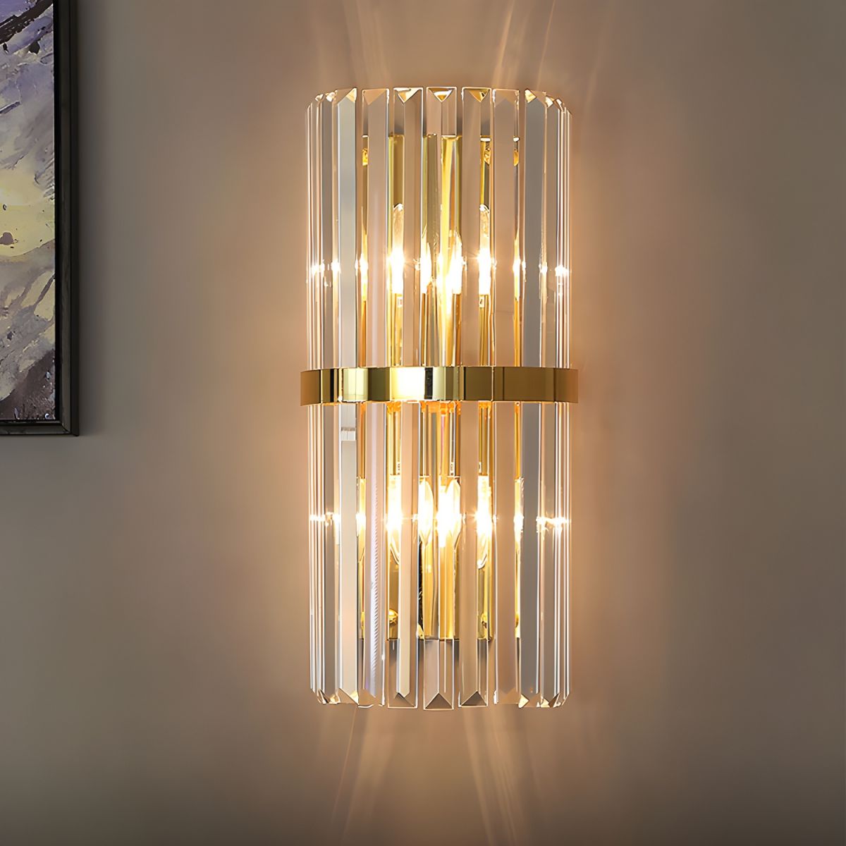 Crystal wall sconce with stainless steel frame in black and gold finish, photo 1 of 6