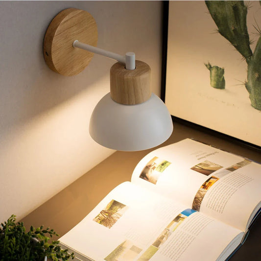 Wood and metal wall-mounted bedside lamp in white and black, photo 1 of 6